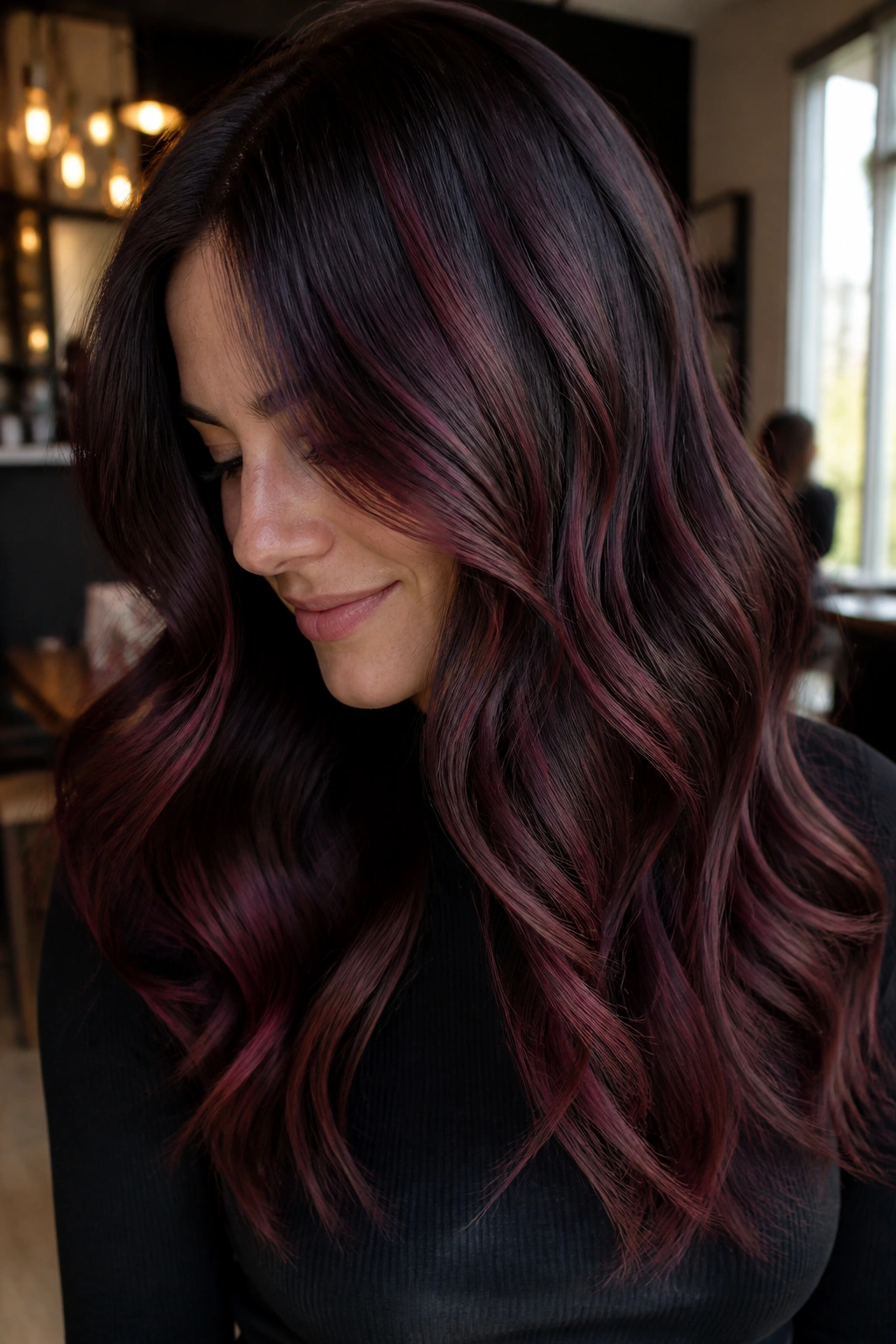 Close-up of mulled wine highlights on dark base hair on a real person