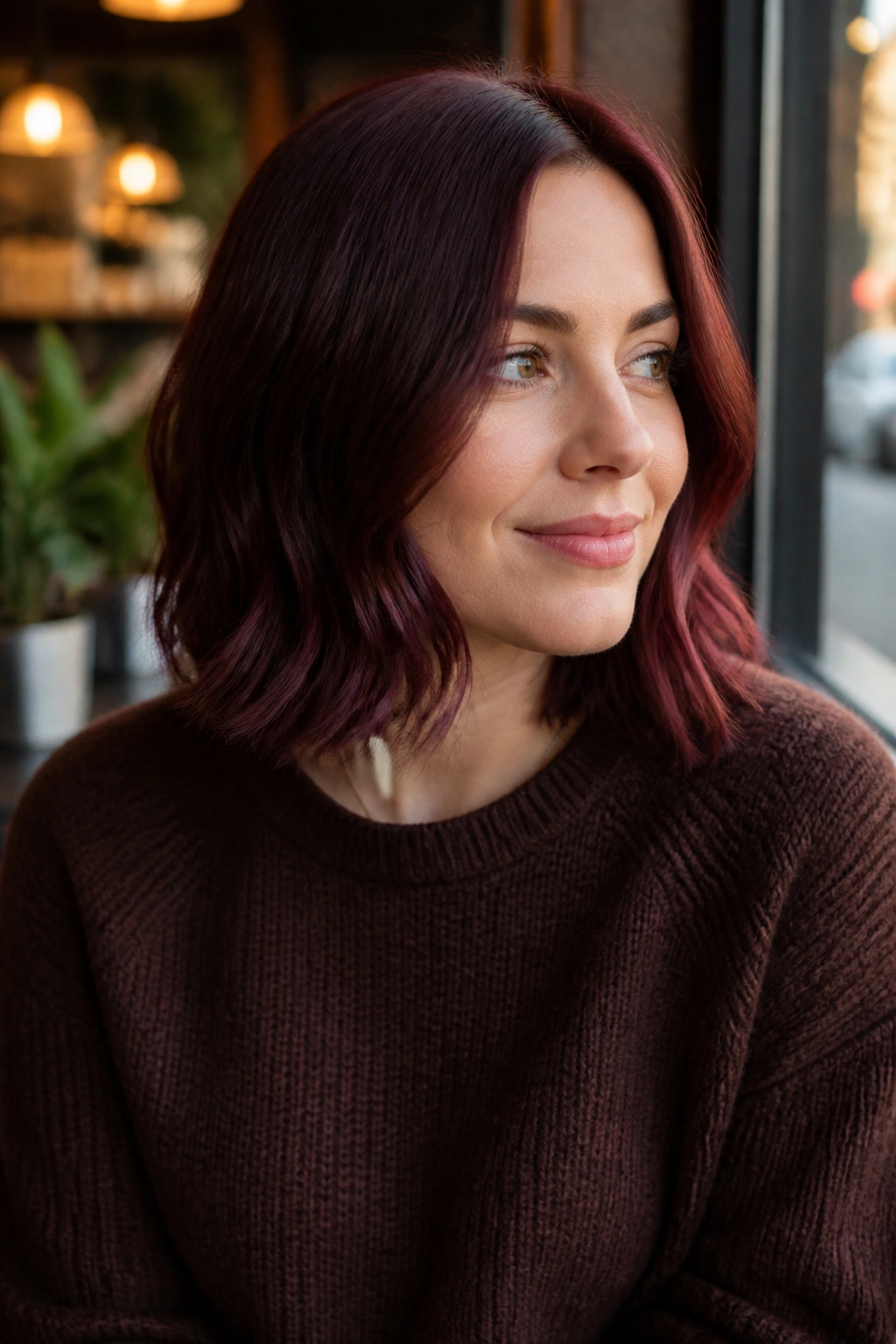 Close-up of a woman with mulled wine lob in cafe window light