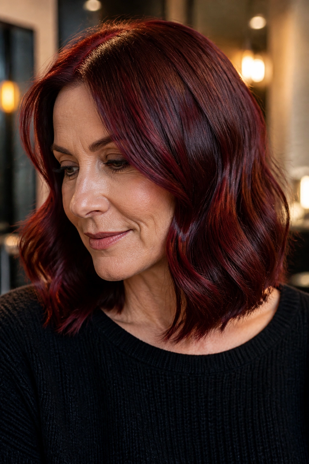 Close-up portrait of a real woman with mulled wine lob hairstyle