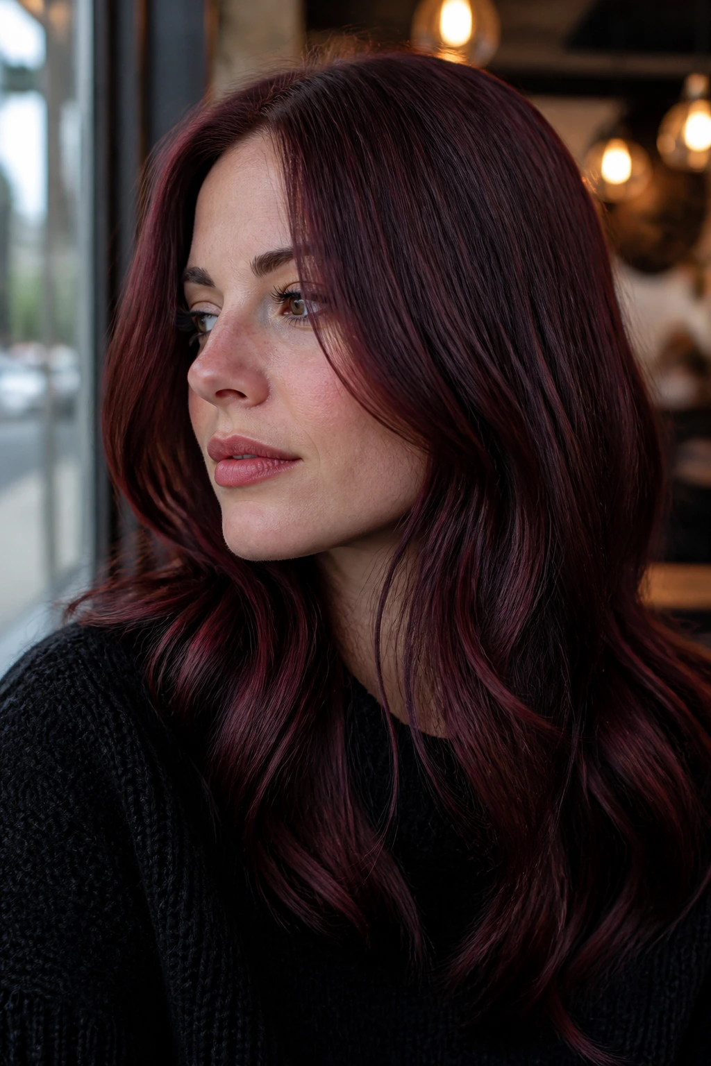 Close-up portrait of a woman with mulled wine mahogany hair showing deep red brown burgundy tones.