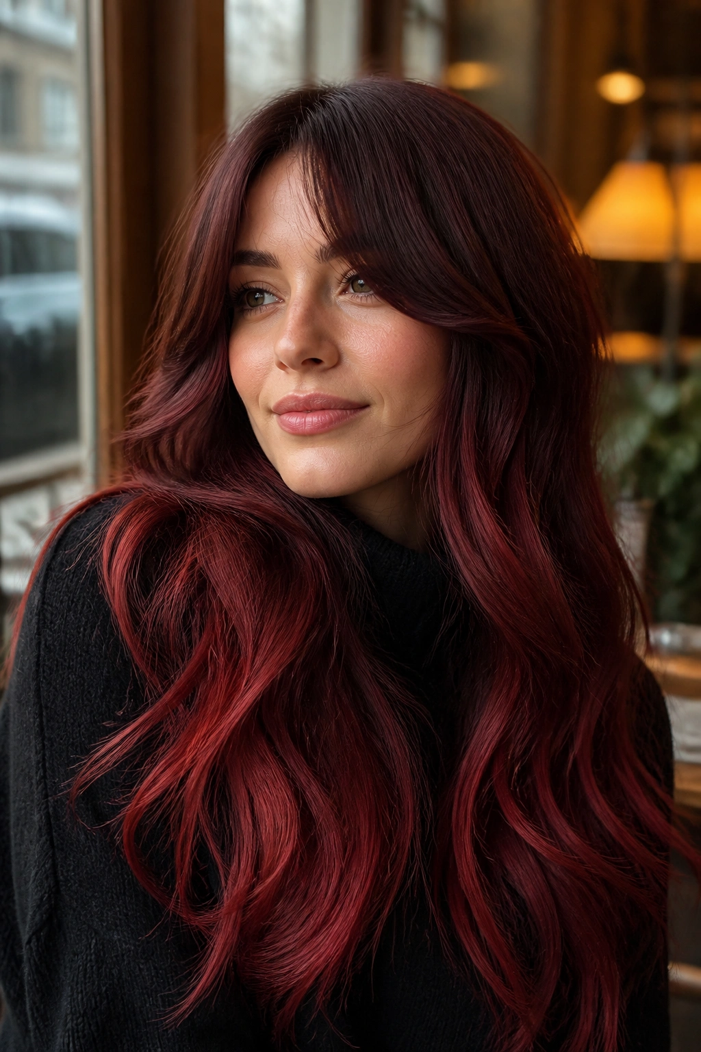 Close-up of a real woman with mulled wine ombre and curtain bangs