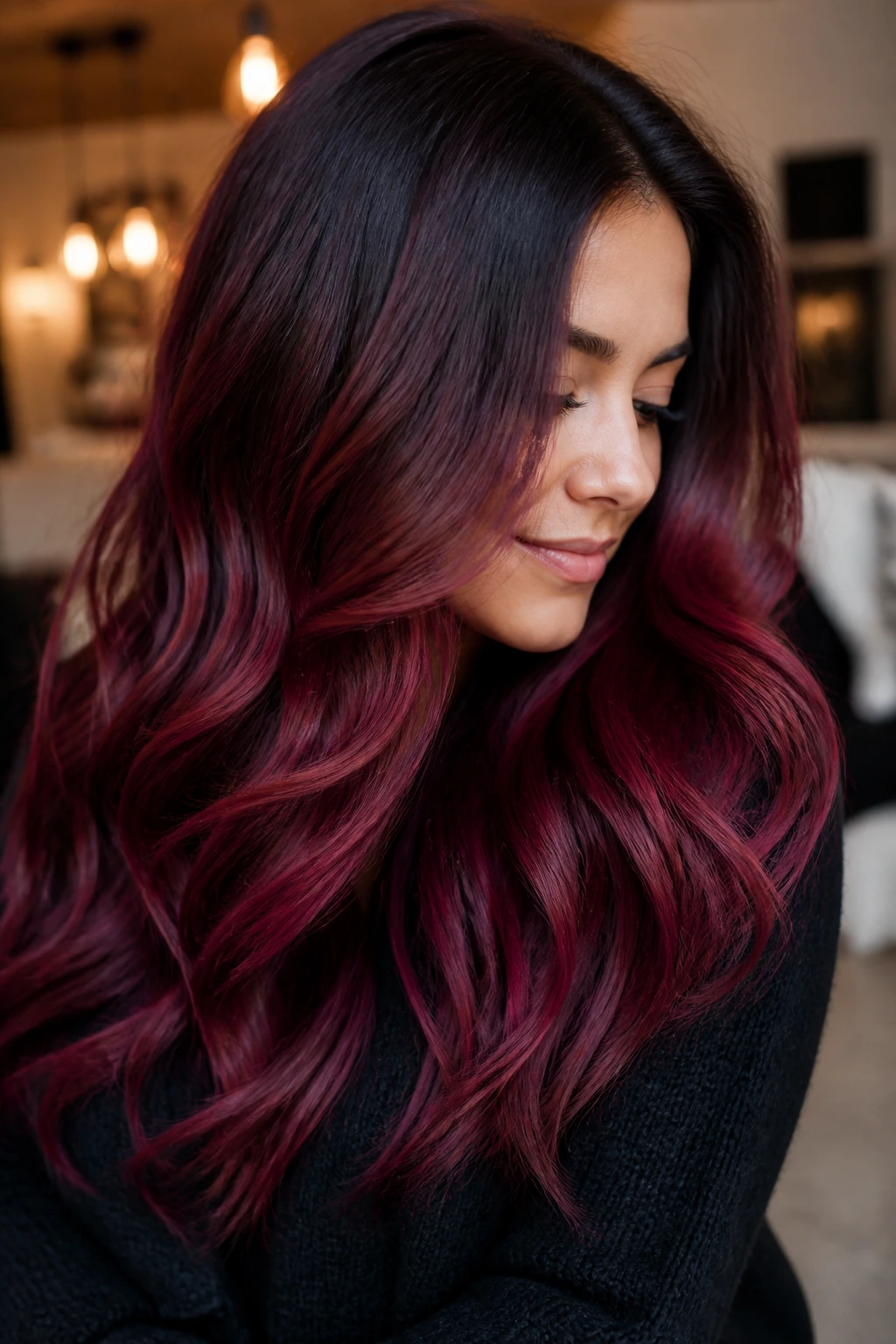 Close-up of thick hair with mulled wine ombre showing deep burgundy tones.