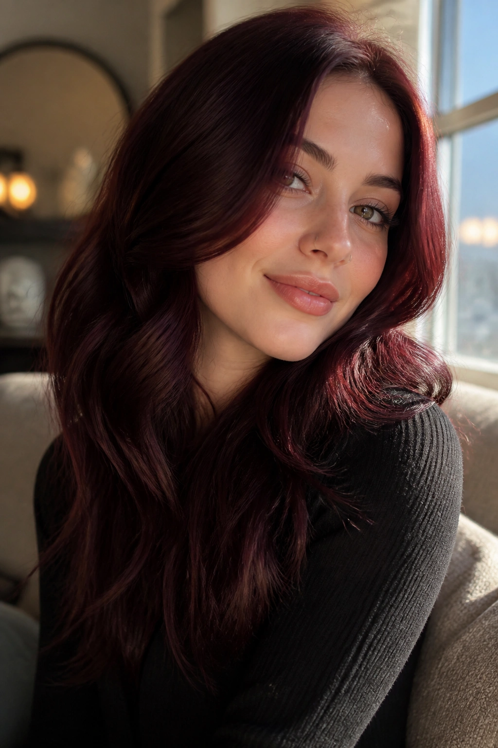 Close-up portrait of a real woman with mulled wine red hair by a sunlit window in a cozy living room.
