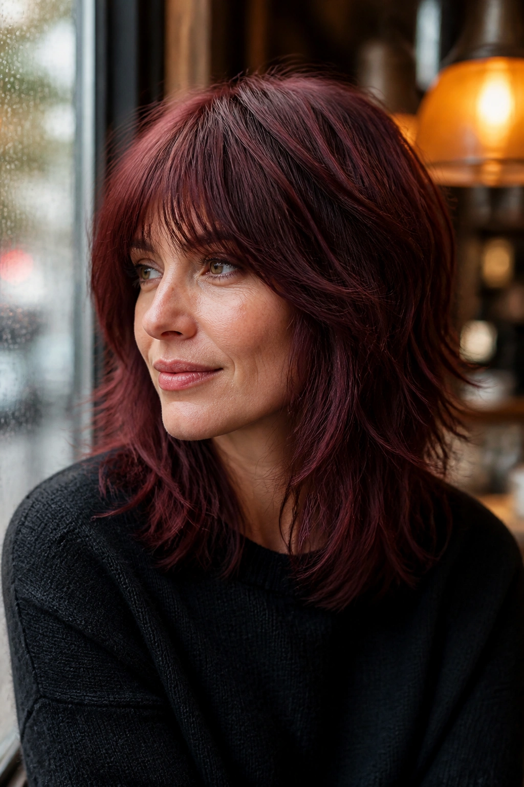 Close-up of real person with mulled wine midi shag showing layered texture