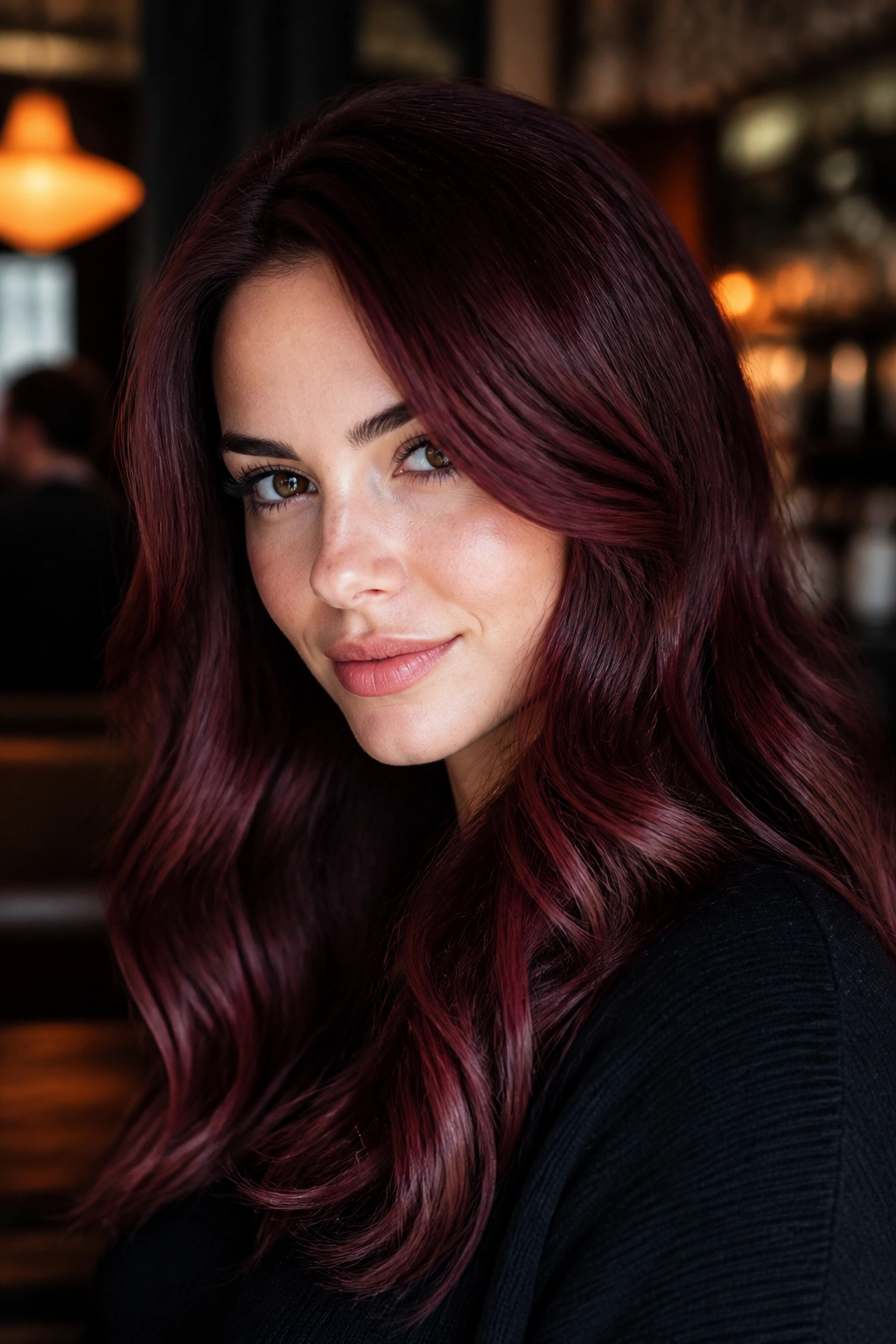 Mulled wine red hair with soft waves on a real woman in a warm indoor setting.