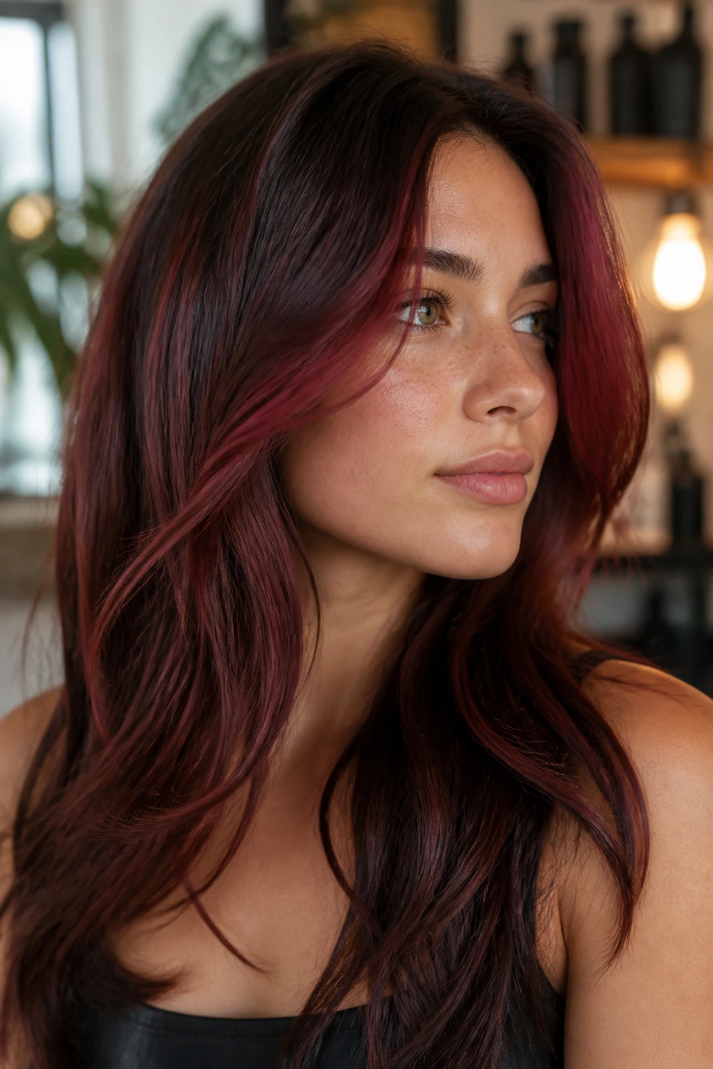Close-up portrait showing mulled wine face-framing ribbons around the face in red-brown hair