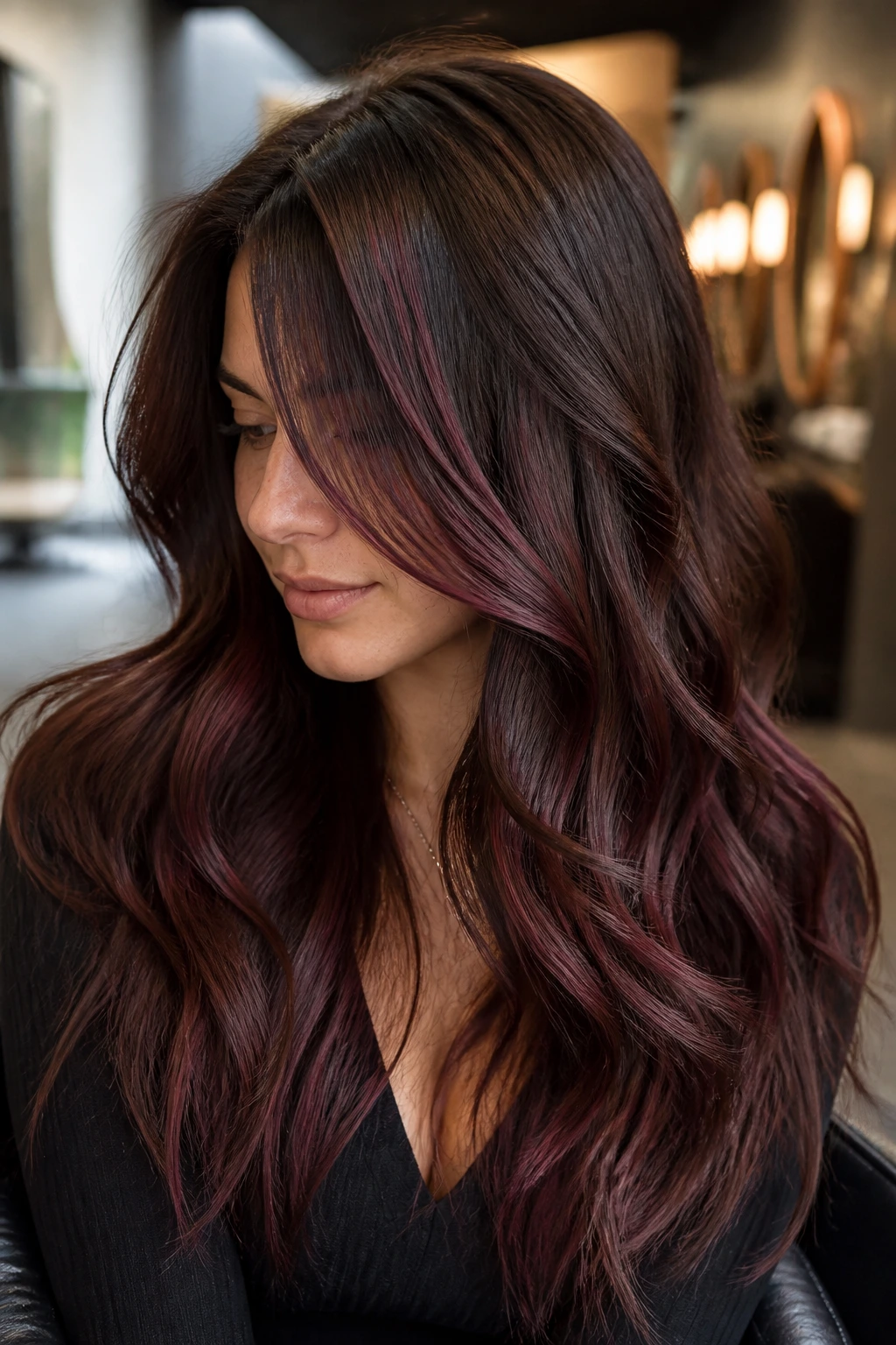 Close-up of a real woman showing mulled wine ribbon highlights in thick brown hair