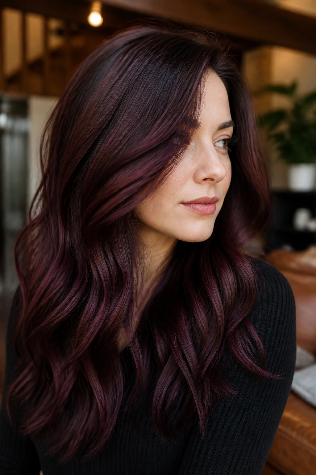 Real person with mulled wine waves burgundy hair, side-parted, cozy setting.