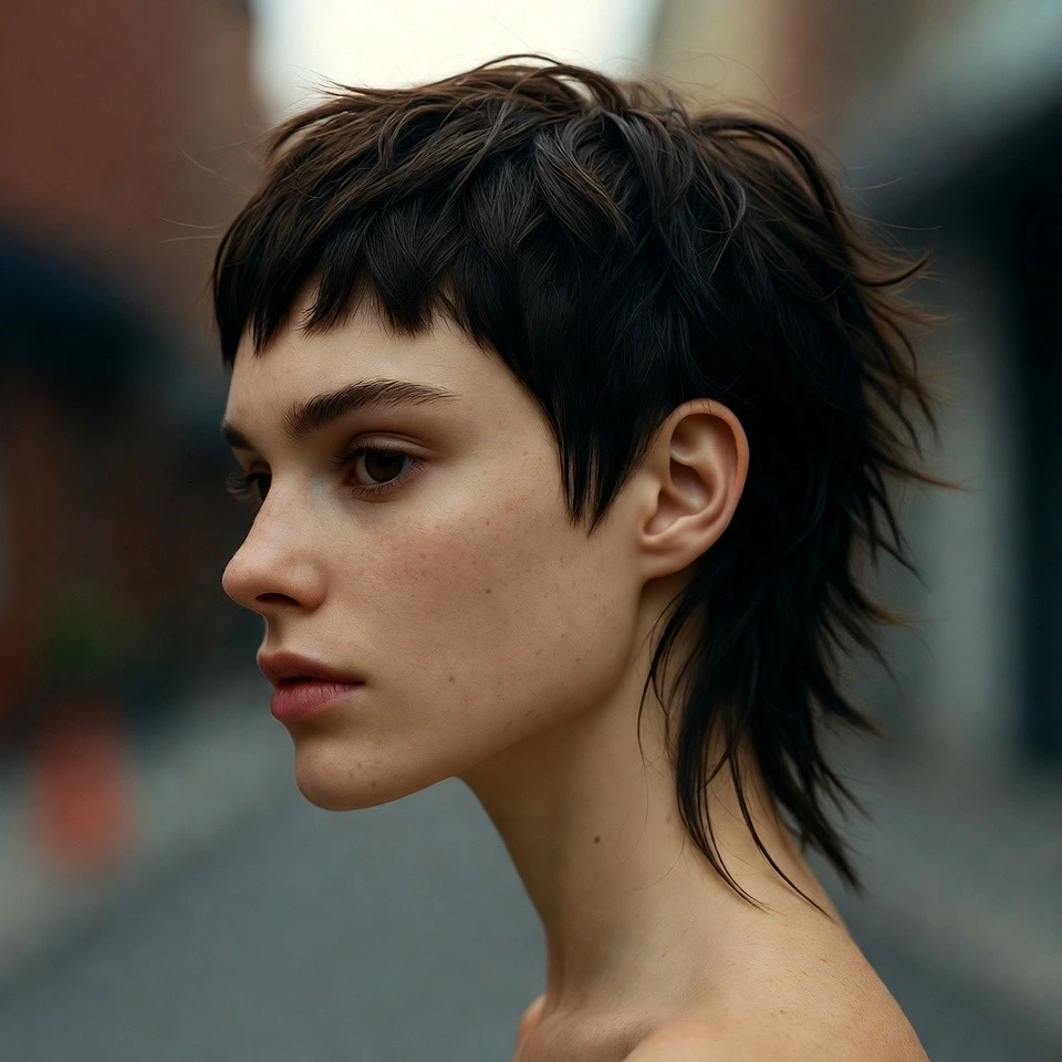 Side-profile of a real woman with a modern mullet-inspired asymmetrical cut.