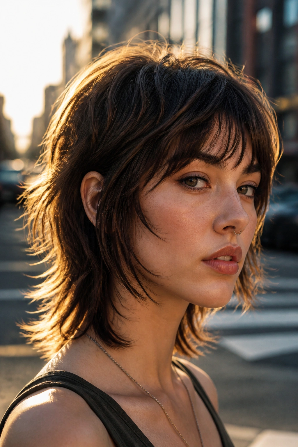Real person with a mullet bob hybrid showing fairy texture in golden hour light