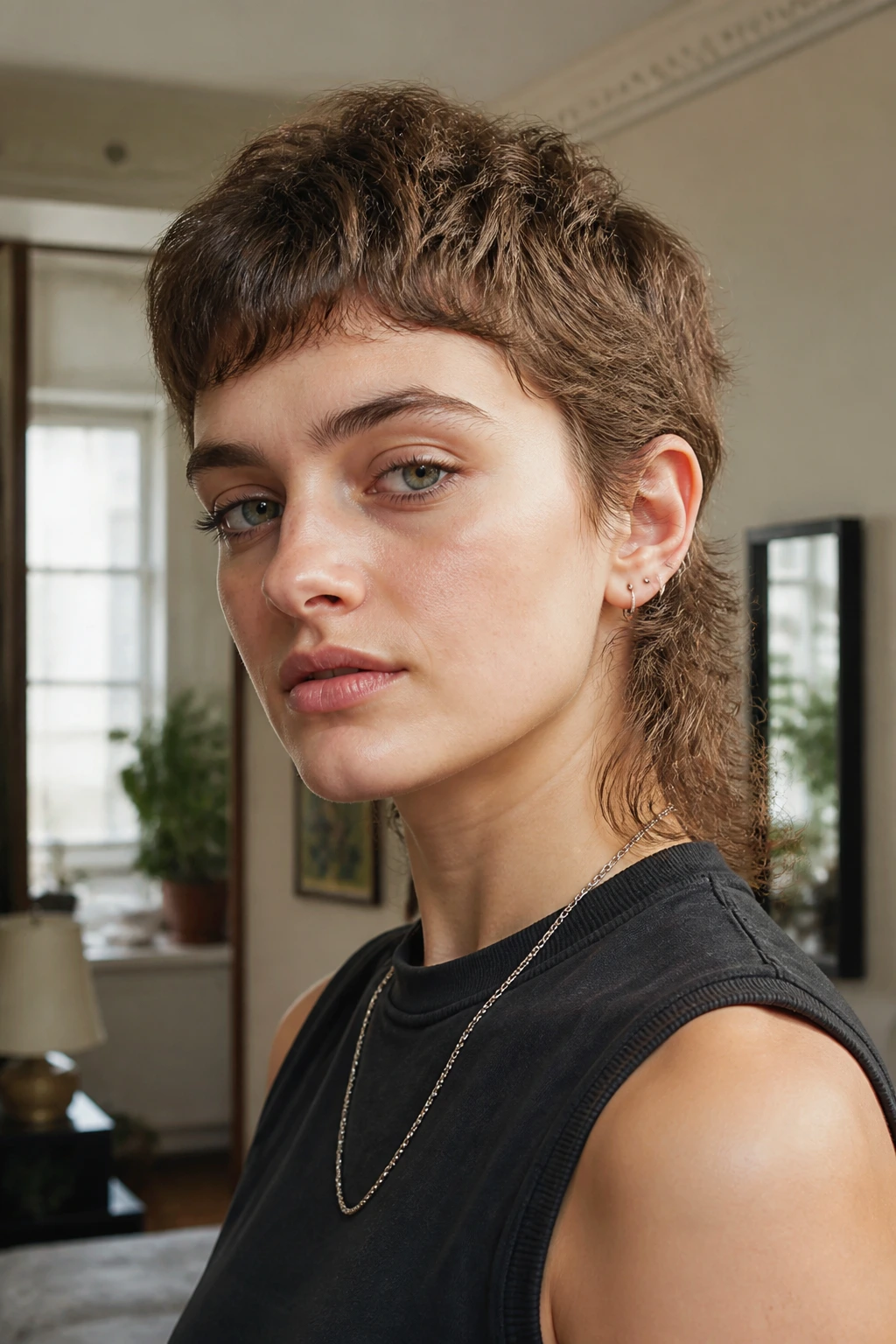 Close-up portrait of a real person with a mullet-inspired crop in soft indoor light