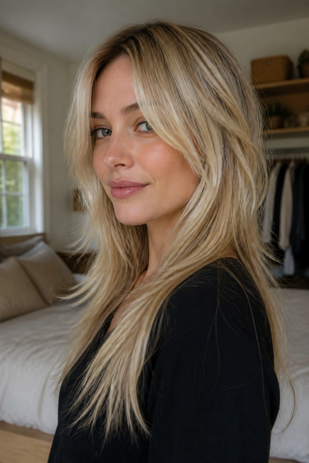 Close-up of a real woman with a long blonde mullet featuring face-framing layers in warm window light