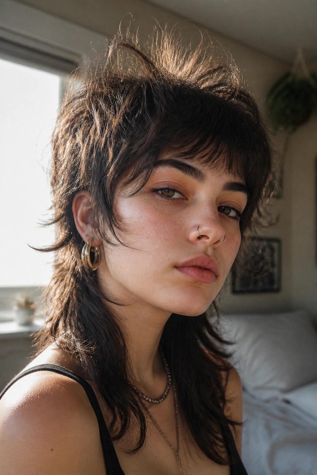 Close-up portrait of a real person with wispy crown fairy shag mullet and airy back