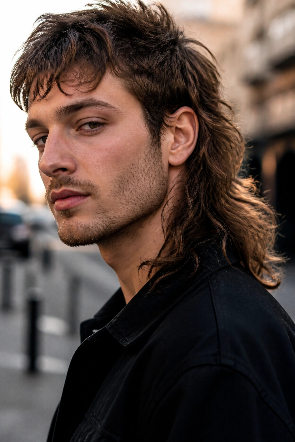 Close-up portrait of a person with a modern long mullet showing intentional layering