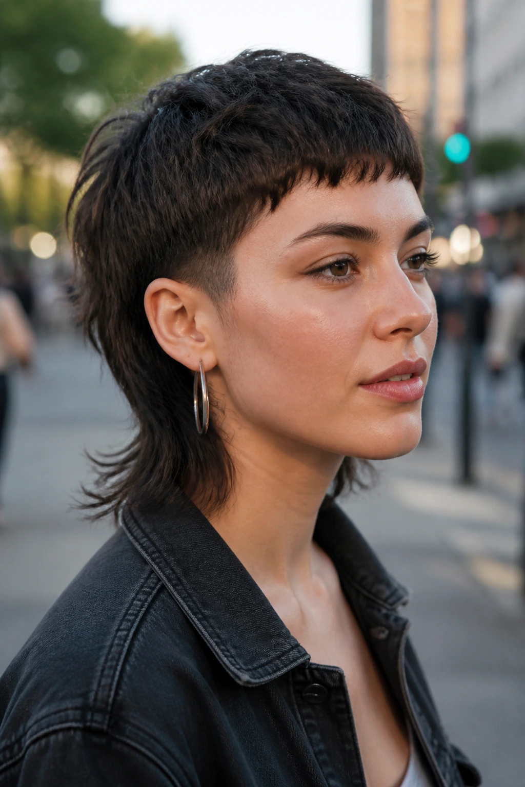 Close-up of a real person with a mullet-inspired crop showing longer nape and short top