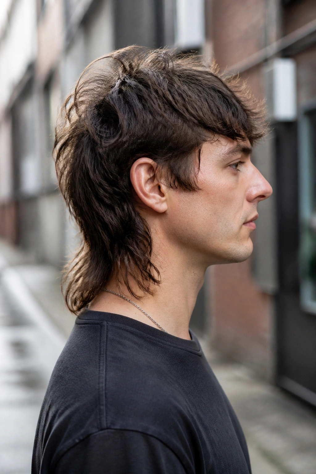 Side-profile of man with mullet-lean shag showing longer back and textured crown