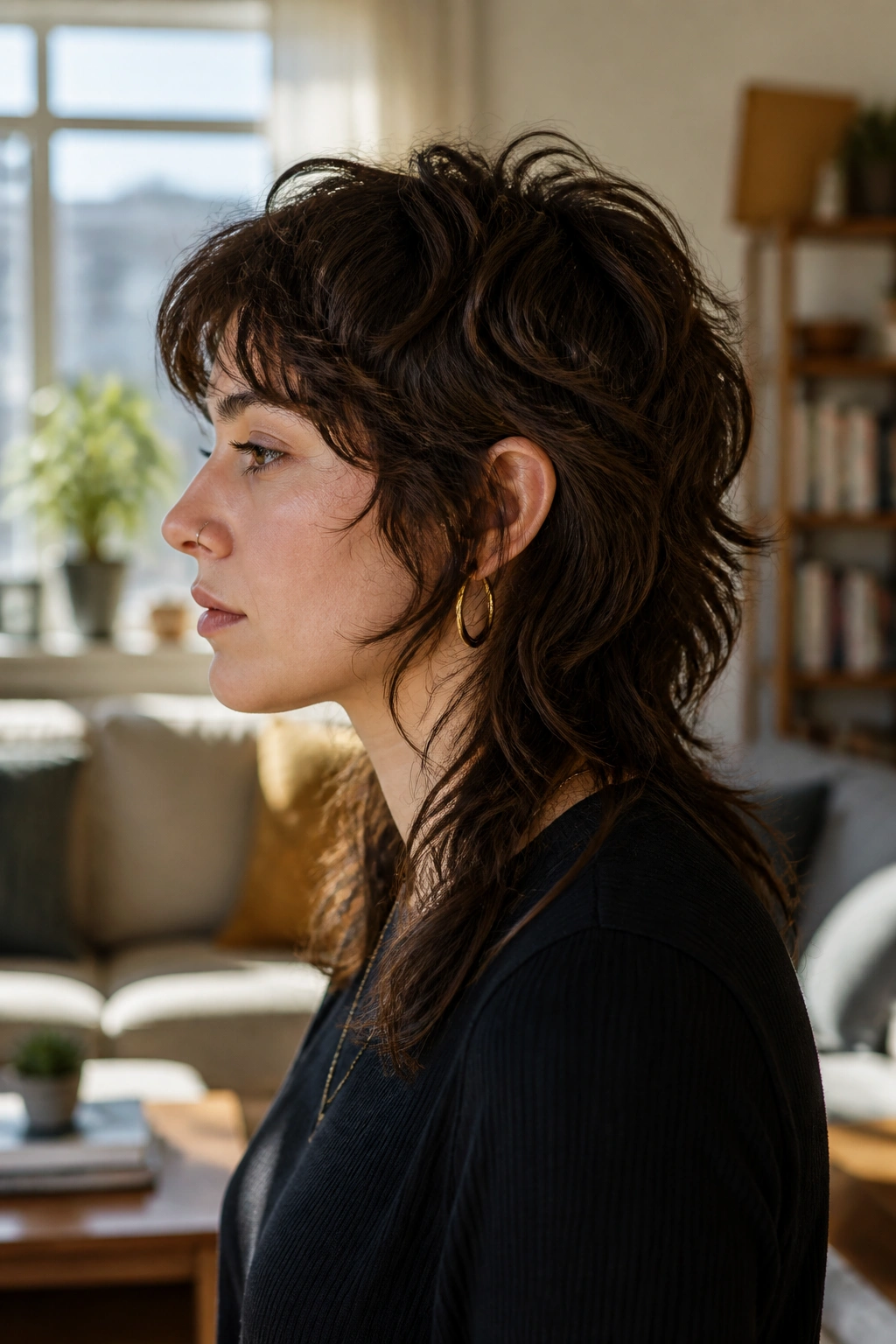 Close-up of a real woman with a mullet-leaning shag under warm window light.