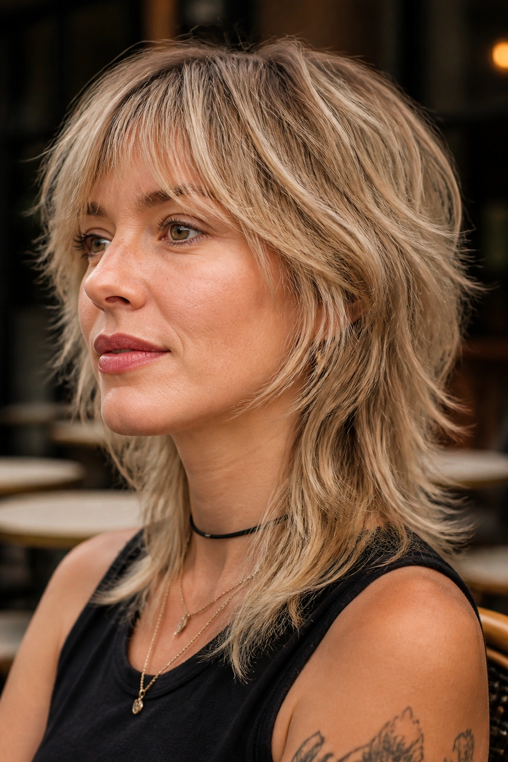 Portrait of a person with mullet-lite boho shag featuring longer back length and soft waves