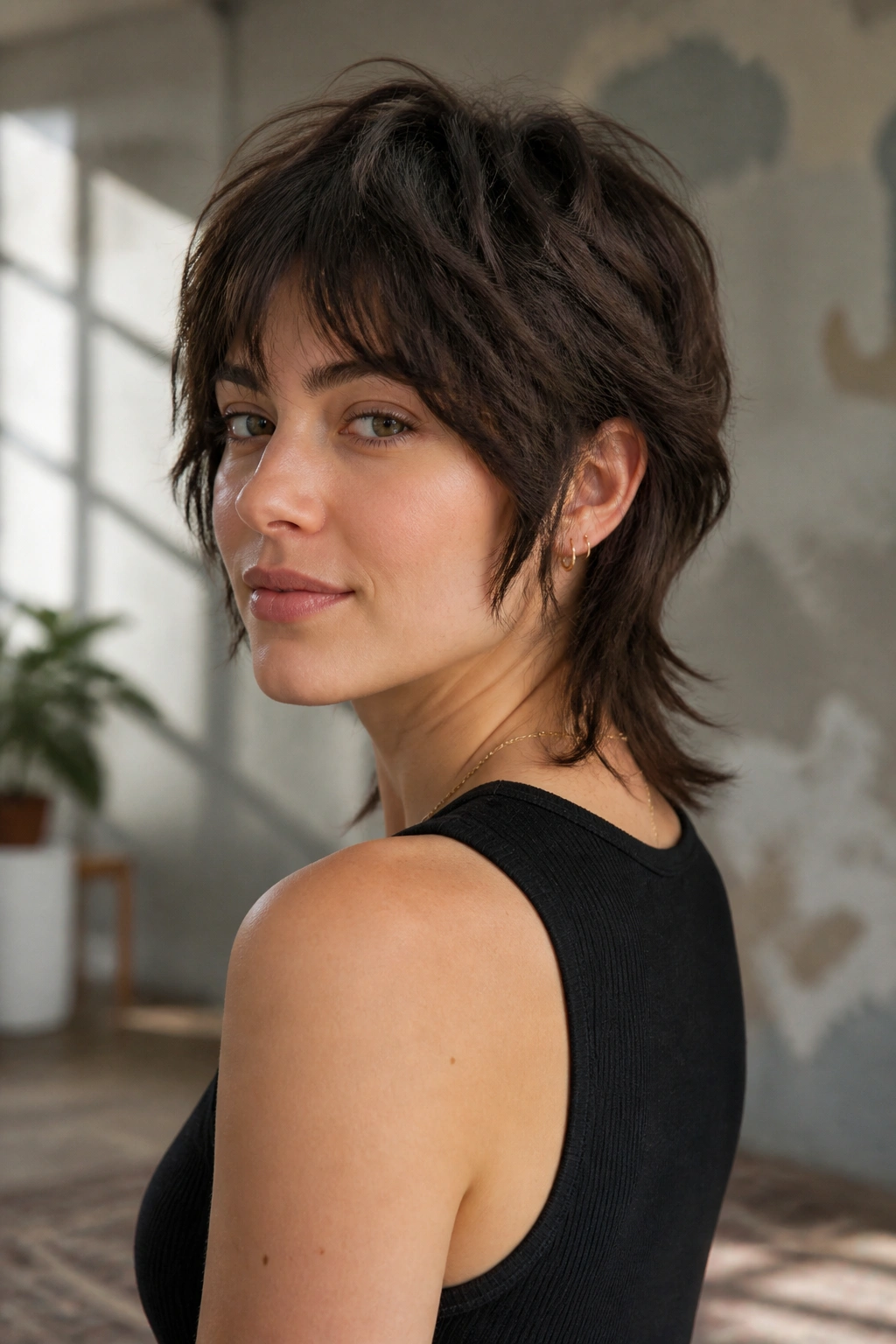 Portrait of a person with a subtle mullet-lite shag hairstyle