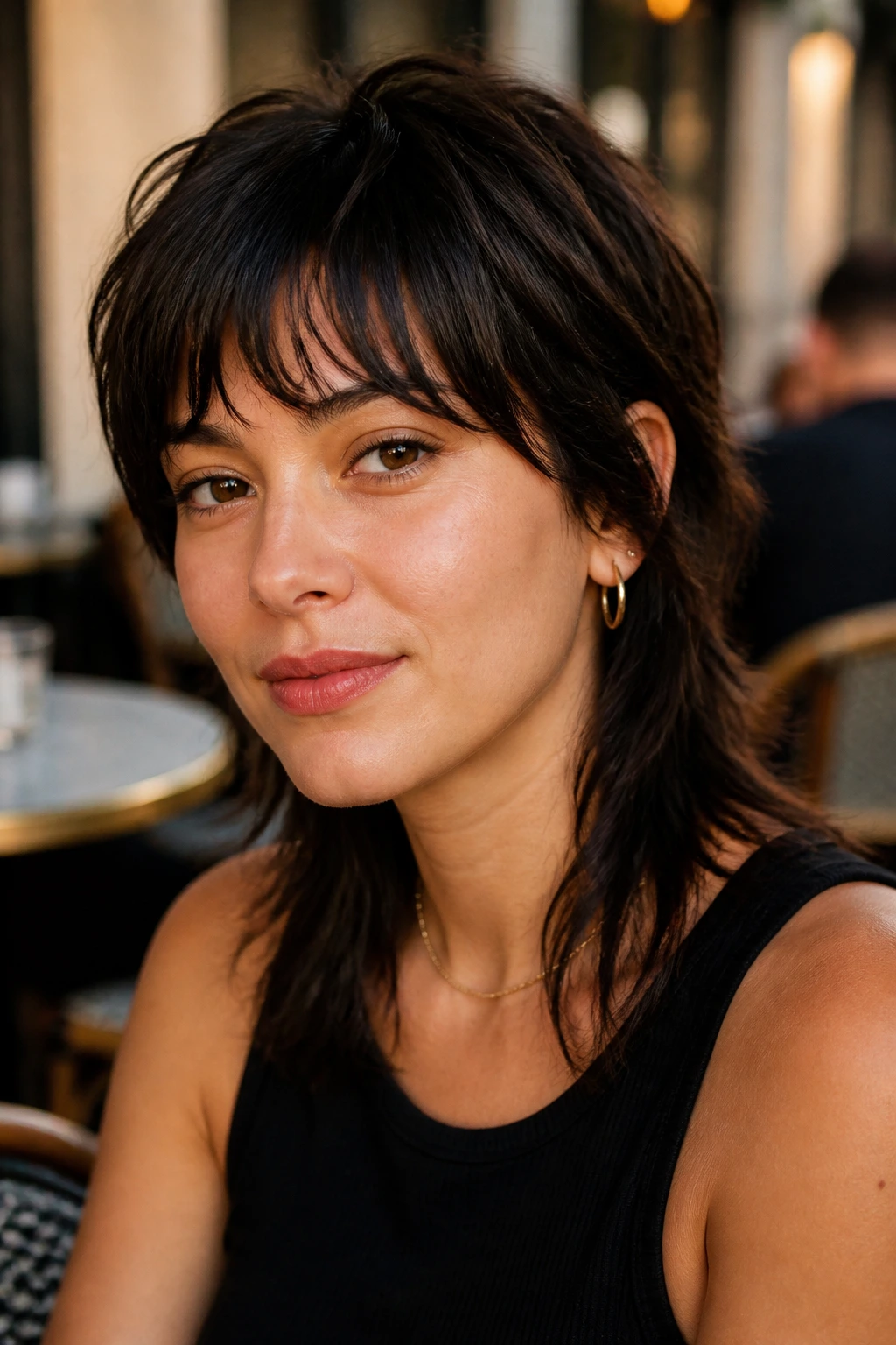 Portrait of a woman with a mullet-lite shag hairstyle