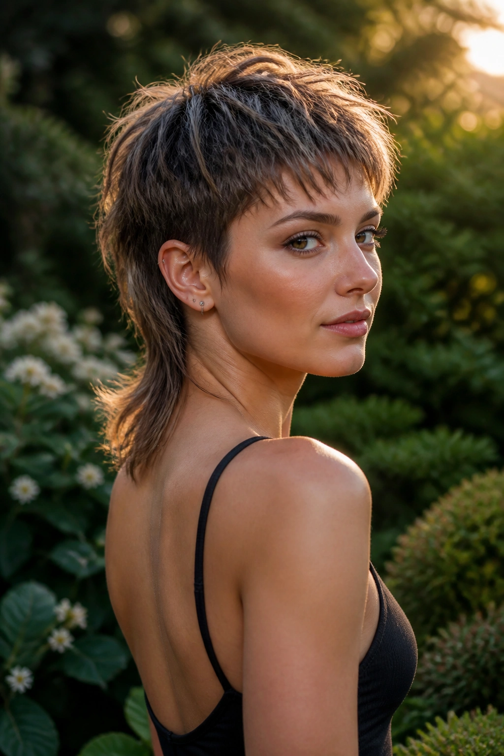 Three-quarter portrait of a real woman with mullet-inspired pixie in golden hour light