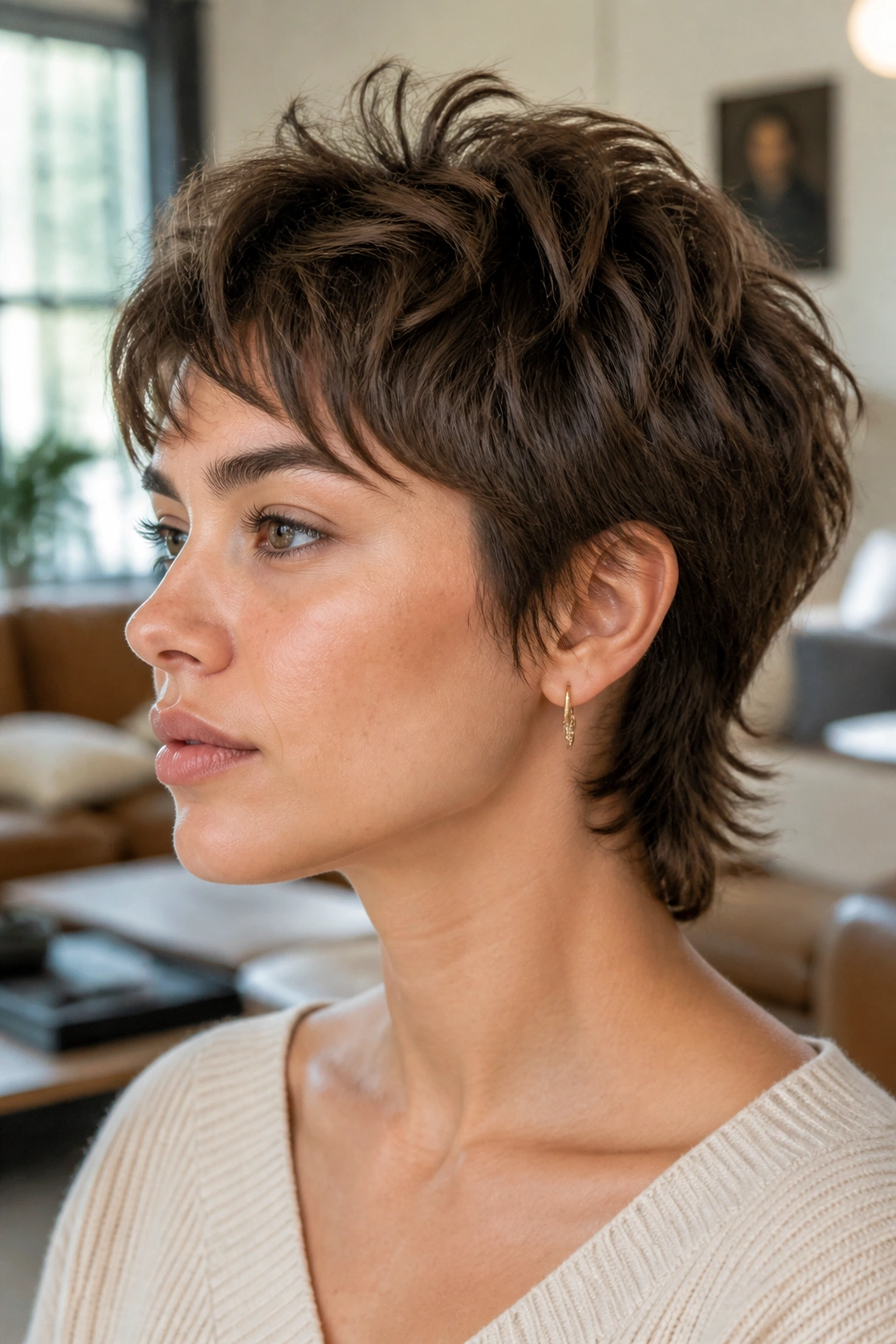 Close-up portrait of a real person with Soft Mullet-Edge Pixie hairstyle.