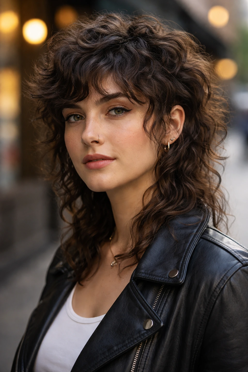 Portrait of a real person with a curly mullet-shag hairstyle.