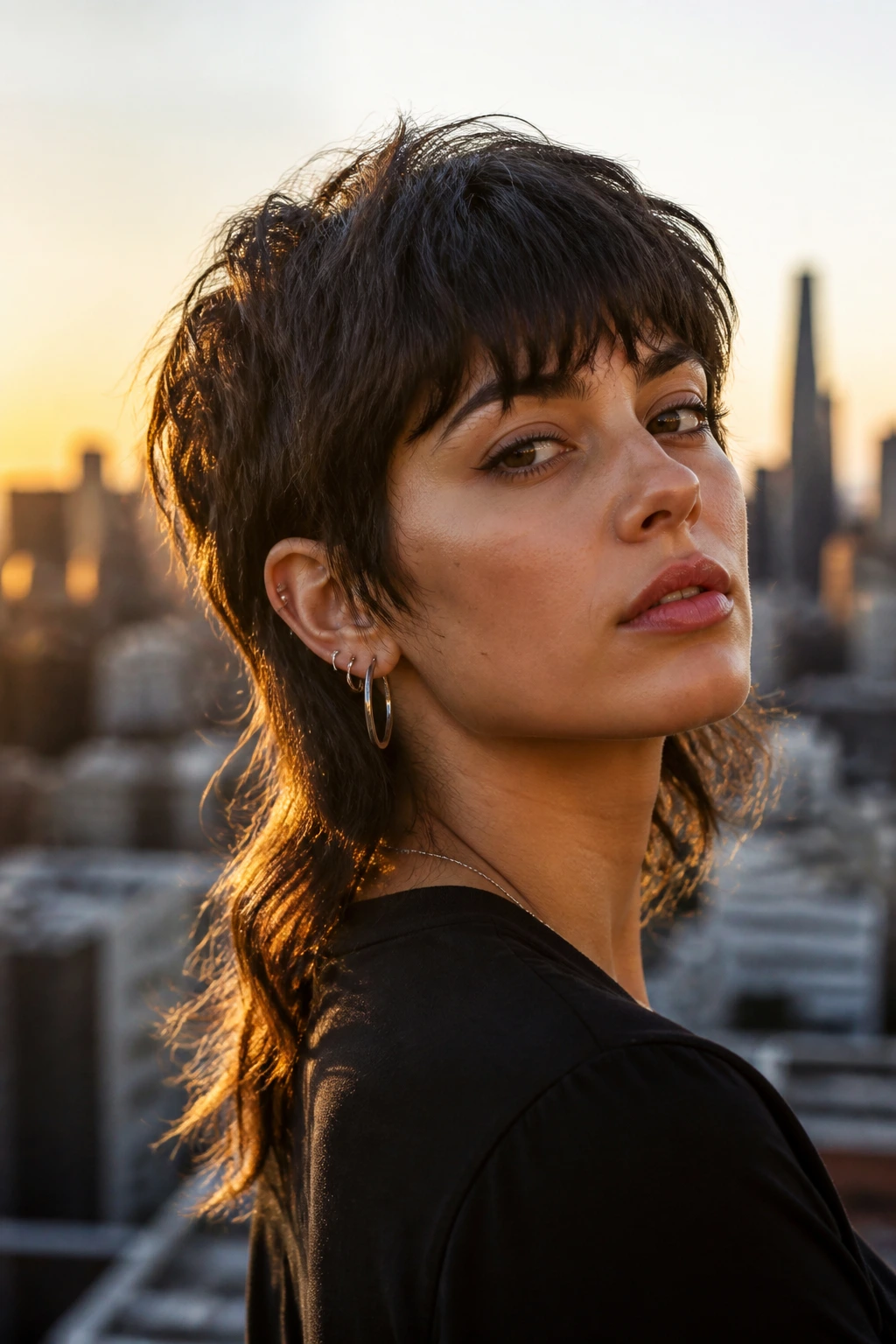 Close-up of a real person with mullet-style shag Mohawk against an urban rooftop skyline