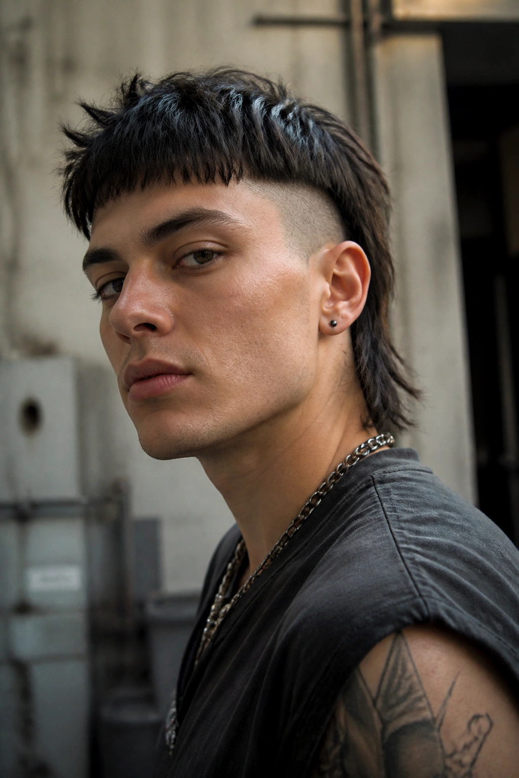 Portrait of a person with a mullet-inspired side shave and textured fringe