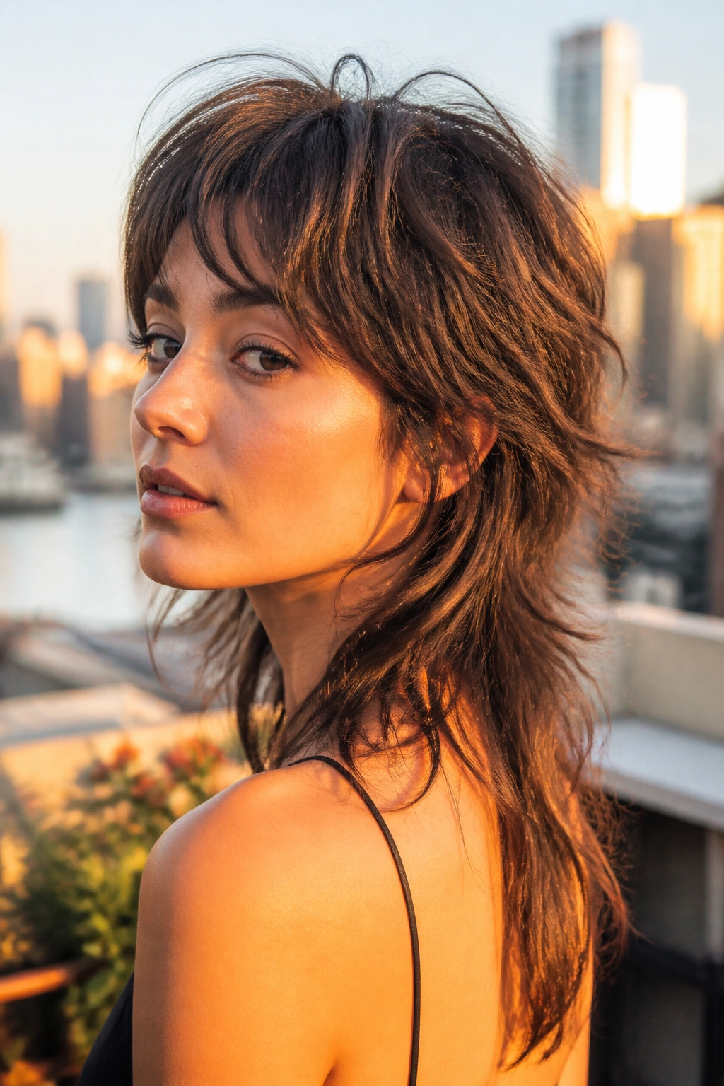 3/4 profile of a real woman with mullet-softened shag