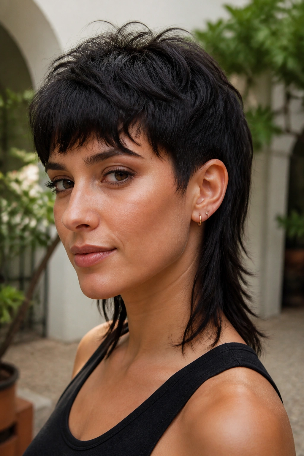 Real woman with mid-length mullet and tapered sides in an outdoor courtyard