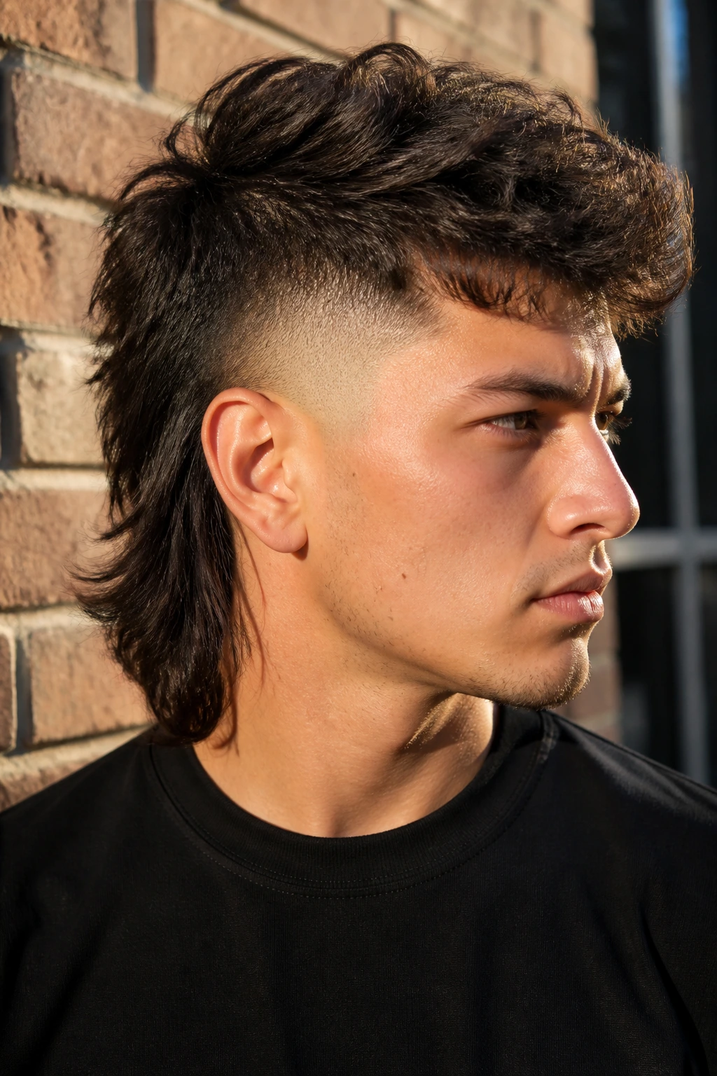 Close-up portrait of a real person with a mullet-inspired long undercut.