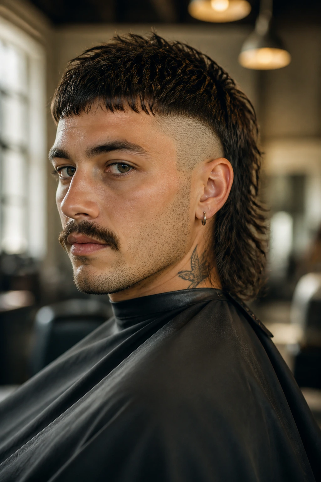 Close-up portrait of a real person with a mullet undercut: short crown and sides, longer back, warm salon light