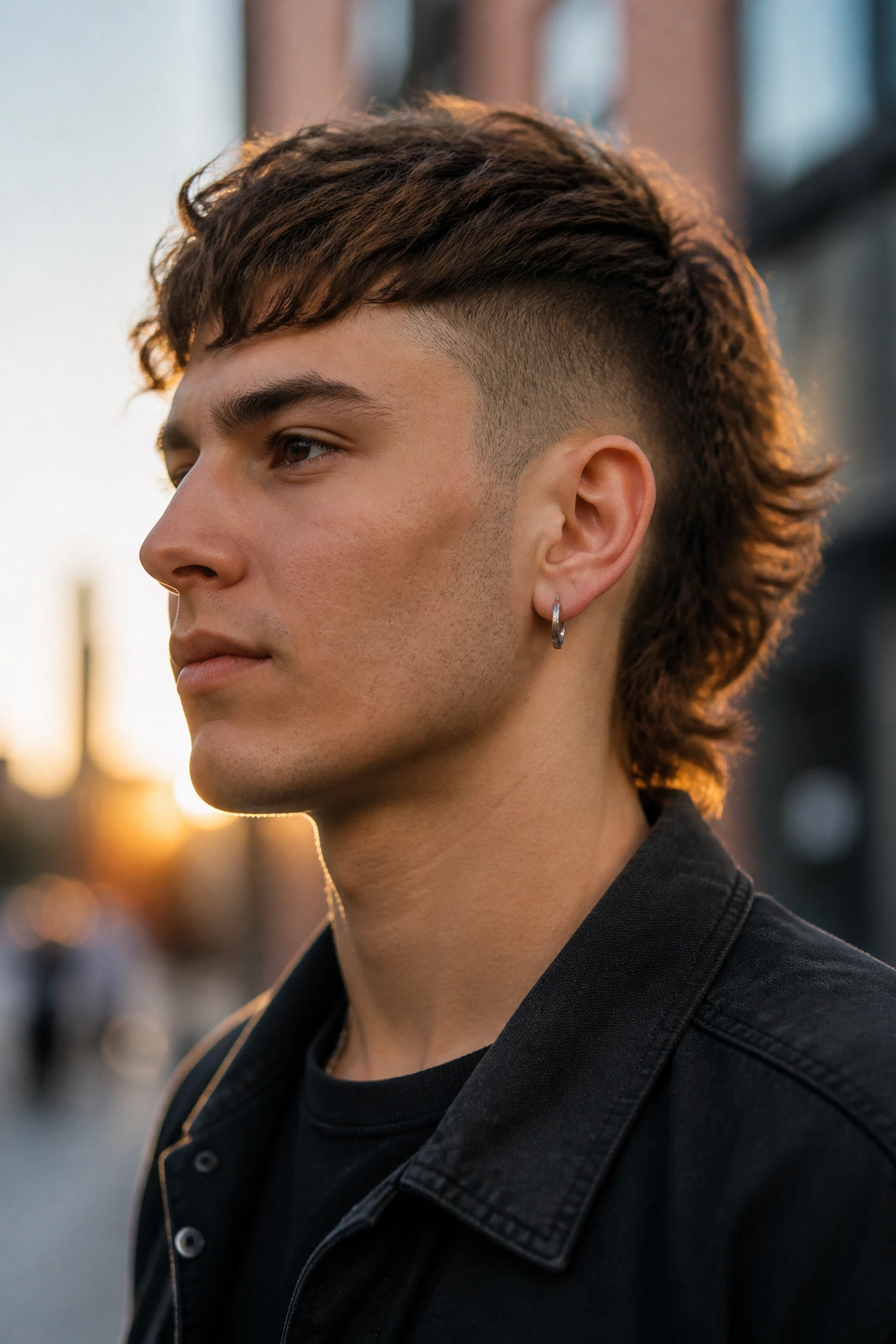 Close-up portrait of a real person with a mullet undercut in an urban street setting.