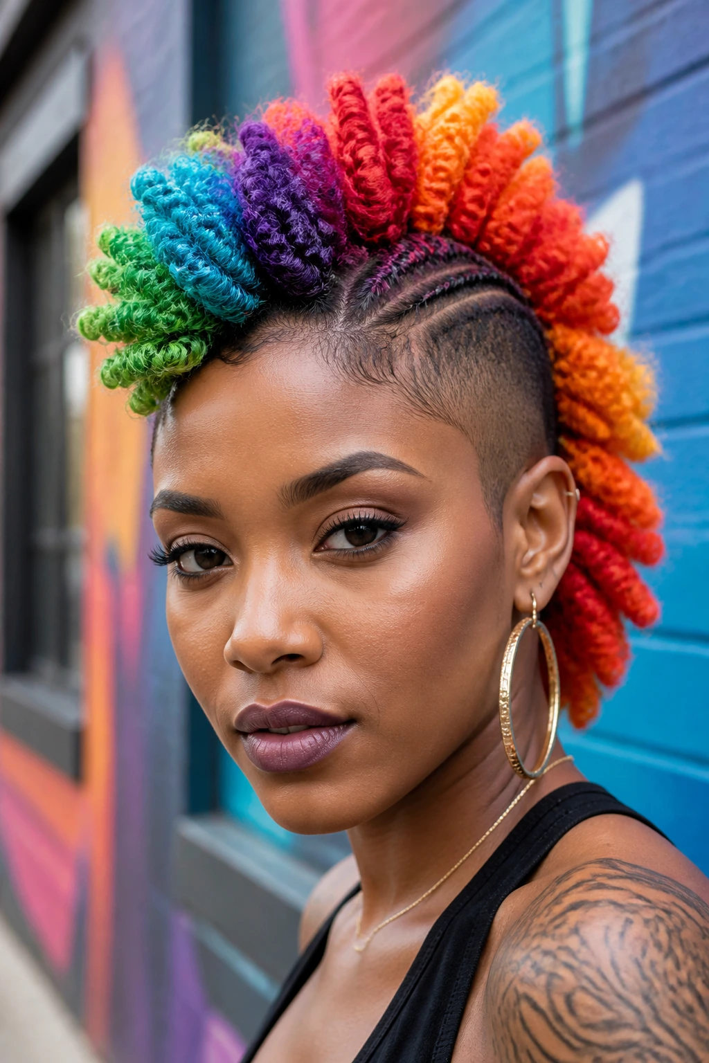 Portrait of a woman with a vibrant multi-colored crochet mohawk.