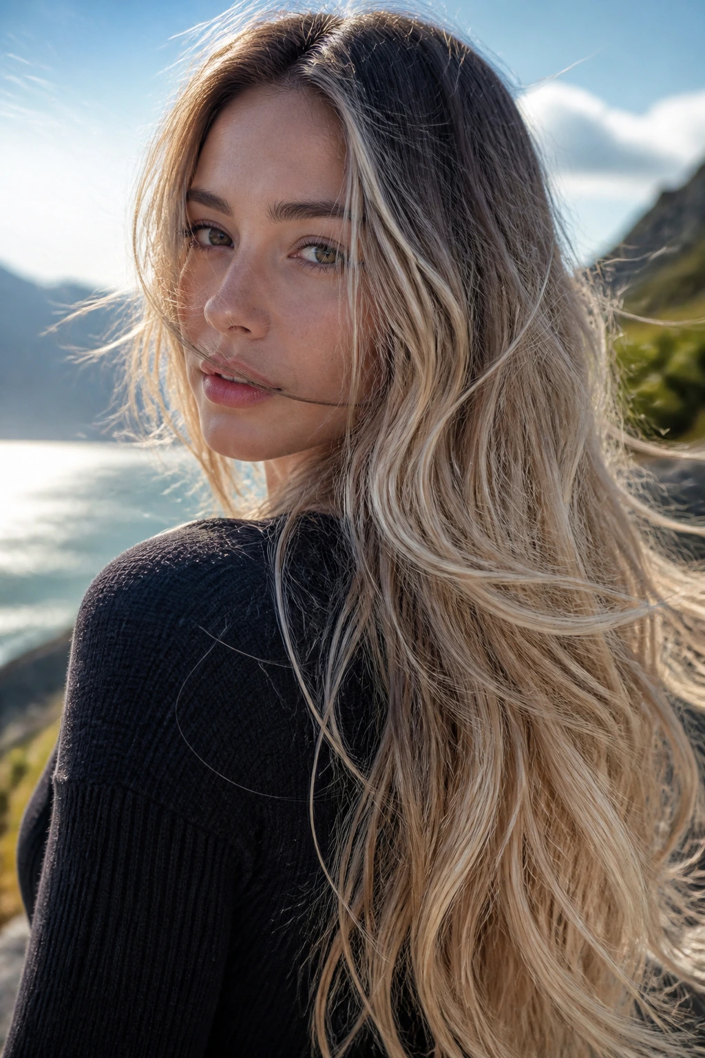 Close-up of a real woman with multi-tonal blonde tail ends on very long hair