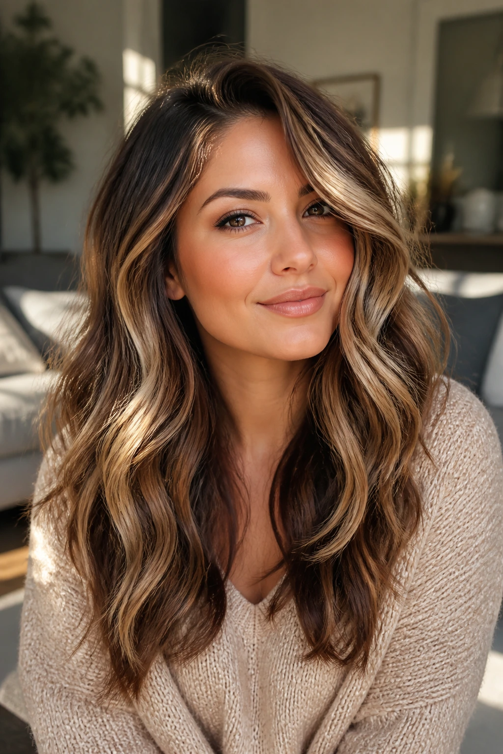 Close-up of a real woman with three-tone ribbon balayage in wavy hair near the face.