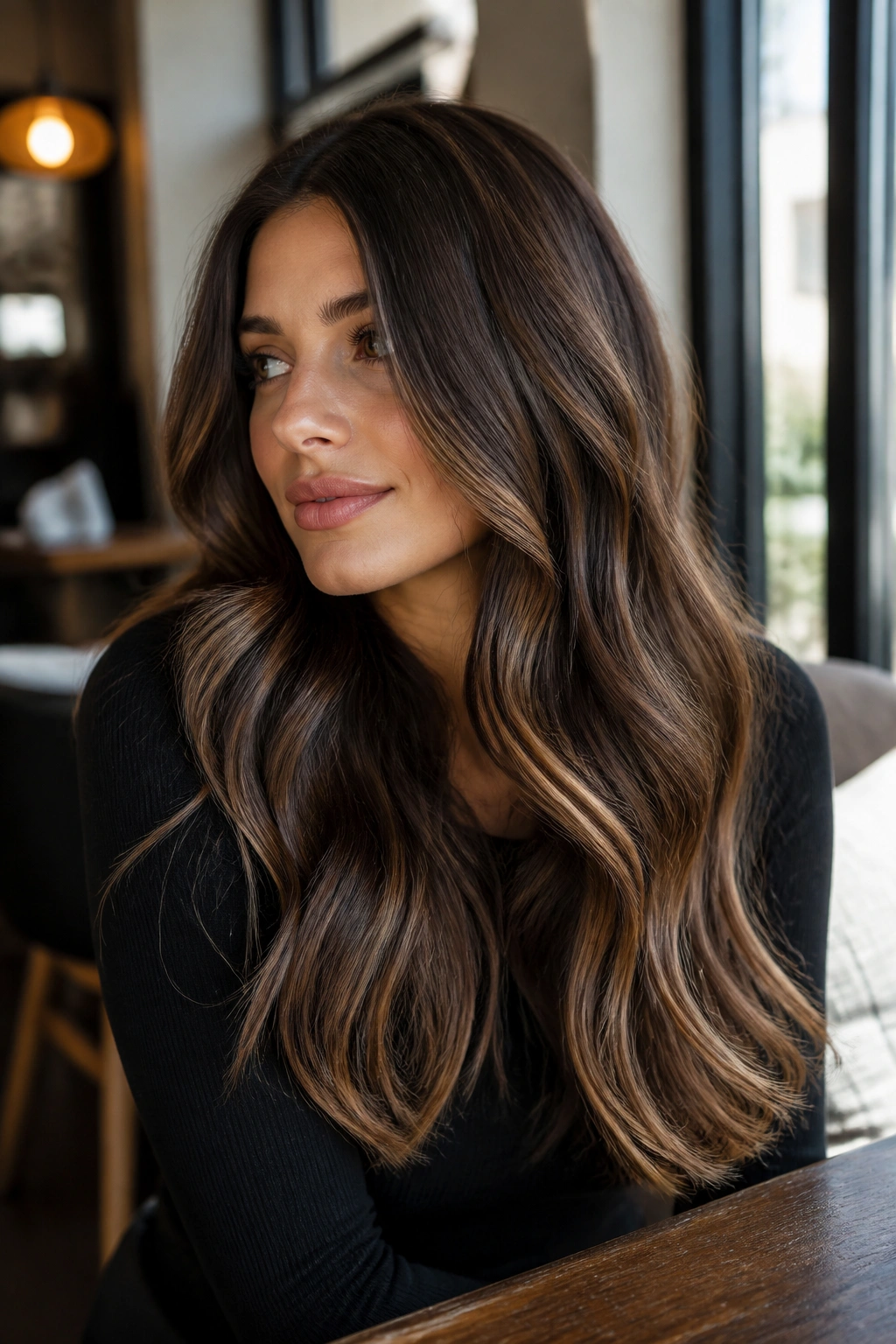 Close-up of a real woman with a glossy multidimensional brunette blend.
