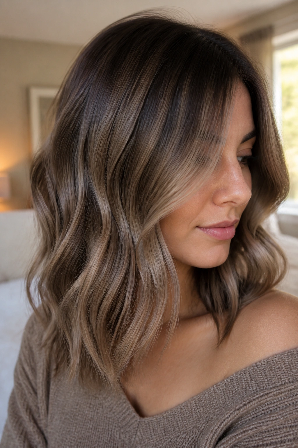 Close-up portrait of a real woman with mushroom ash balayage on medium brown hair in warm window light