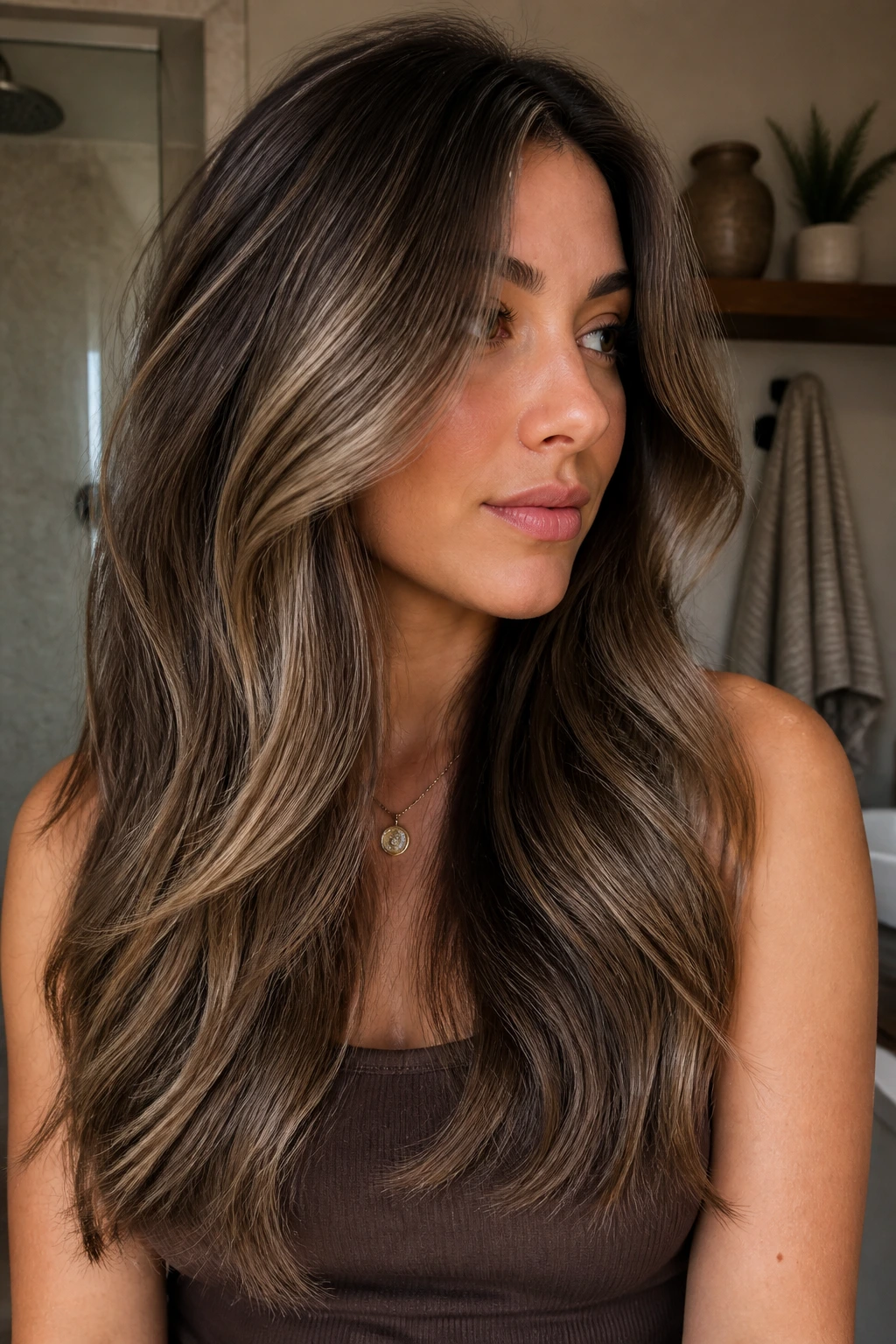Close-up of thick brown hair with mushroom ash blend and broad lighter panels