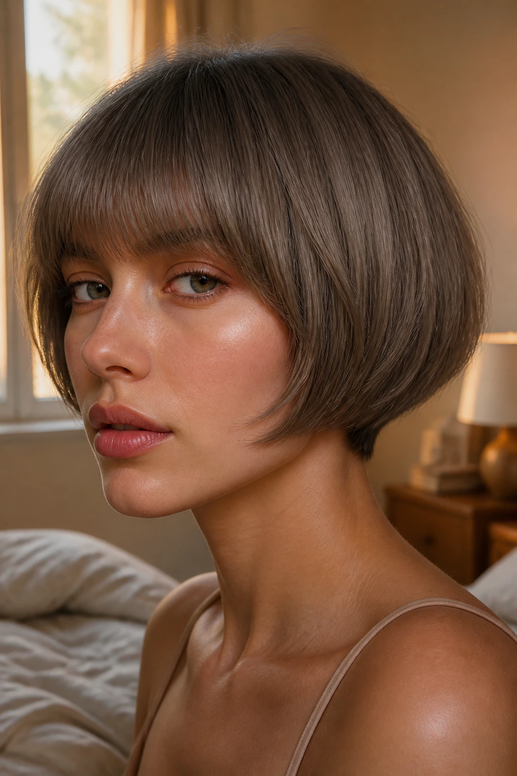 Close-up of a real woman with a mushroom-shaped ash bob in sunlit bedroom lighting