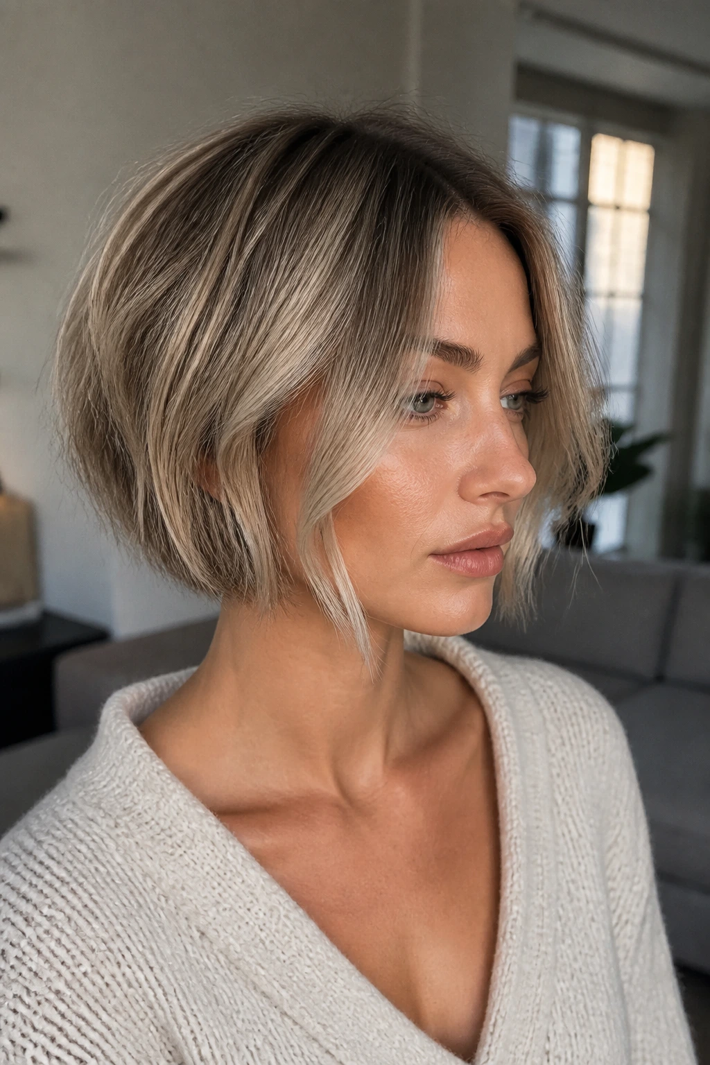 Close-up of a real woman with a short blonde bob featuring mushroom ash money piece around the face.