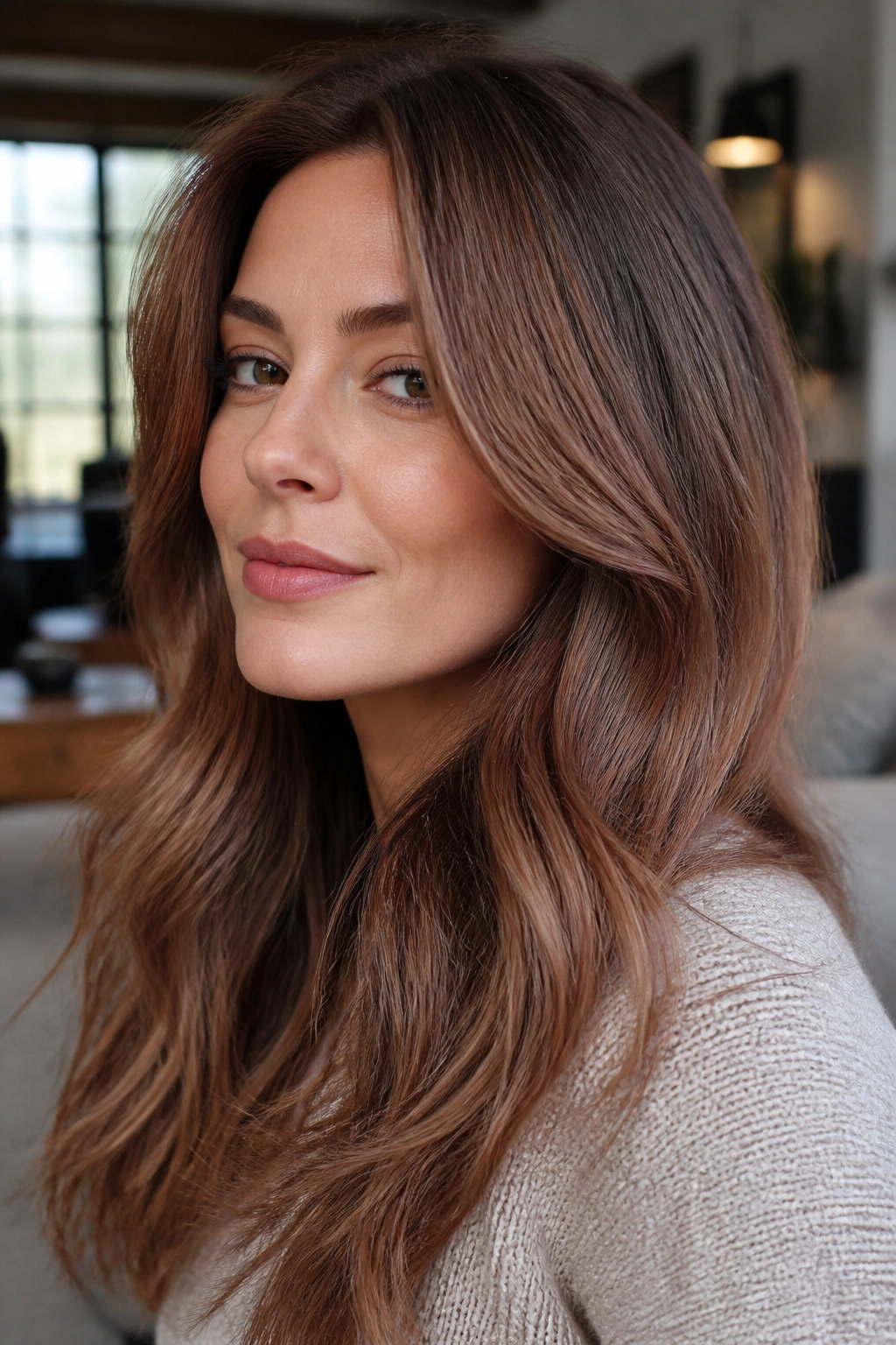 Real woman with mushroom auburn bronde and dimensional movement