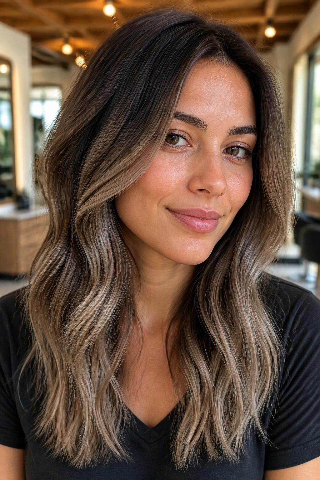 Close-up of a real woman with mushroom brown balayage and ash ends.