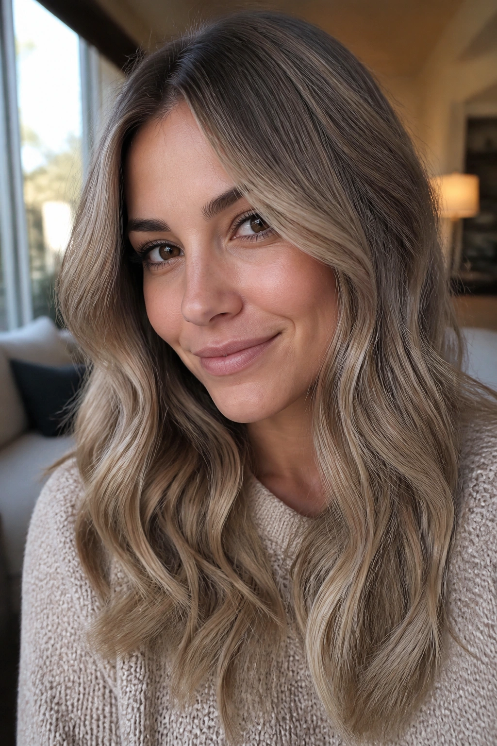 Close-up portrait of a real woman with mushroom balayage in ash taupe and blonde tones in natural light
