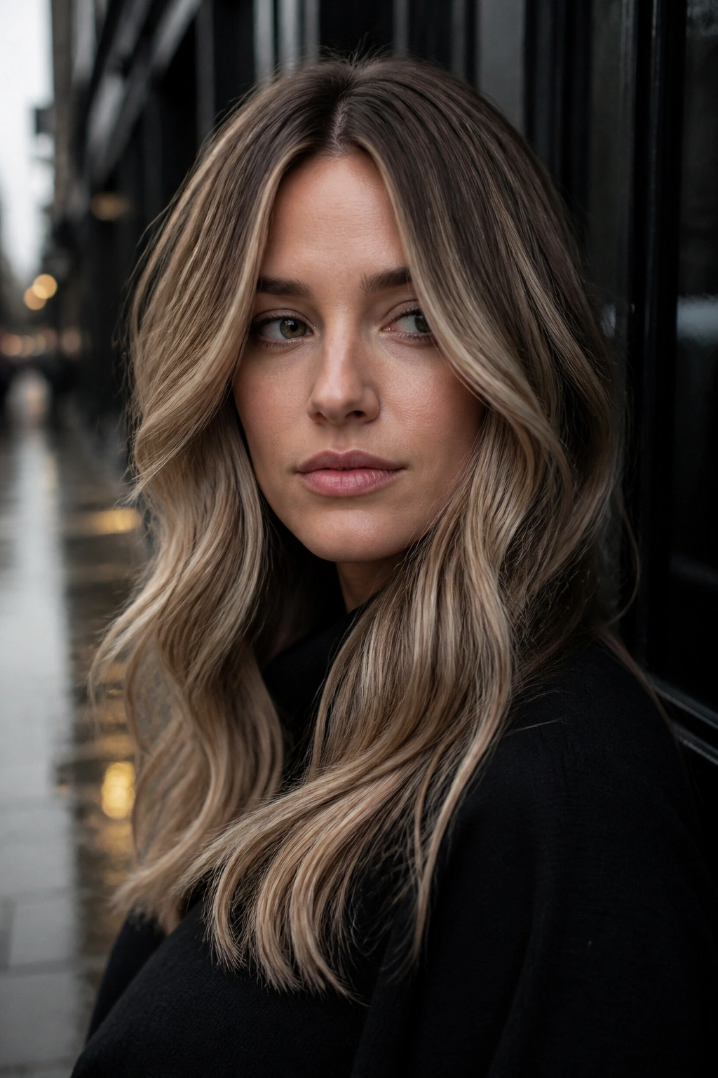 Real woman with mushroom blonde balayage on brown hair