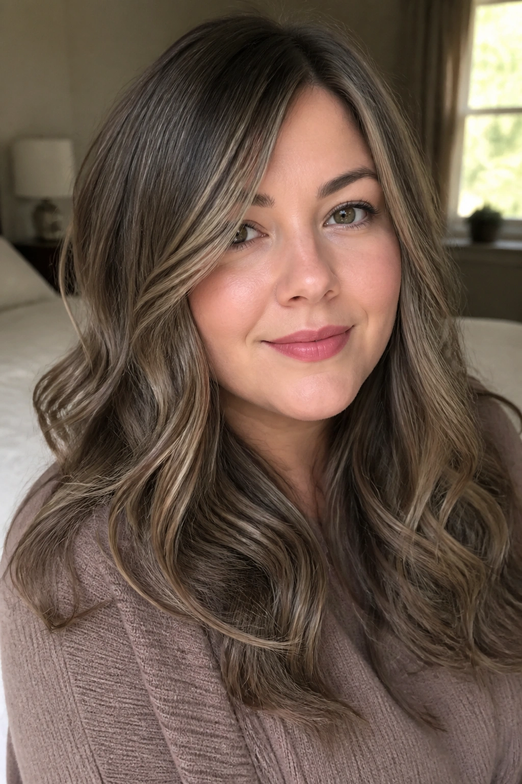 Close-up portrait of a real woman with mushroom brown balayage in cool taupe ash tones