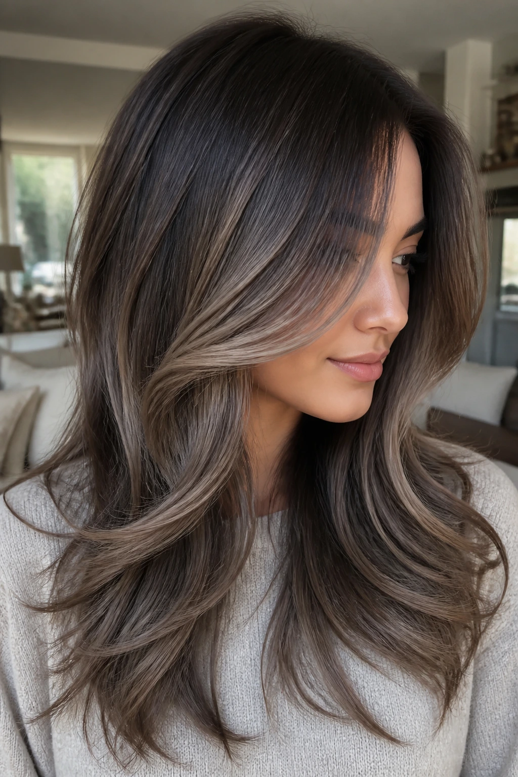 Close-up of a real woman with mushroom brown balayage and airy ends