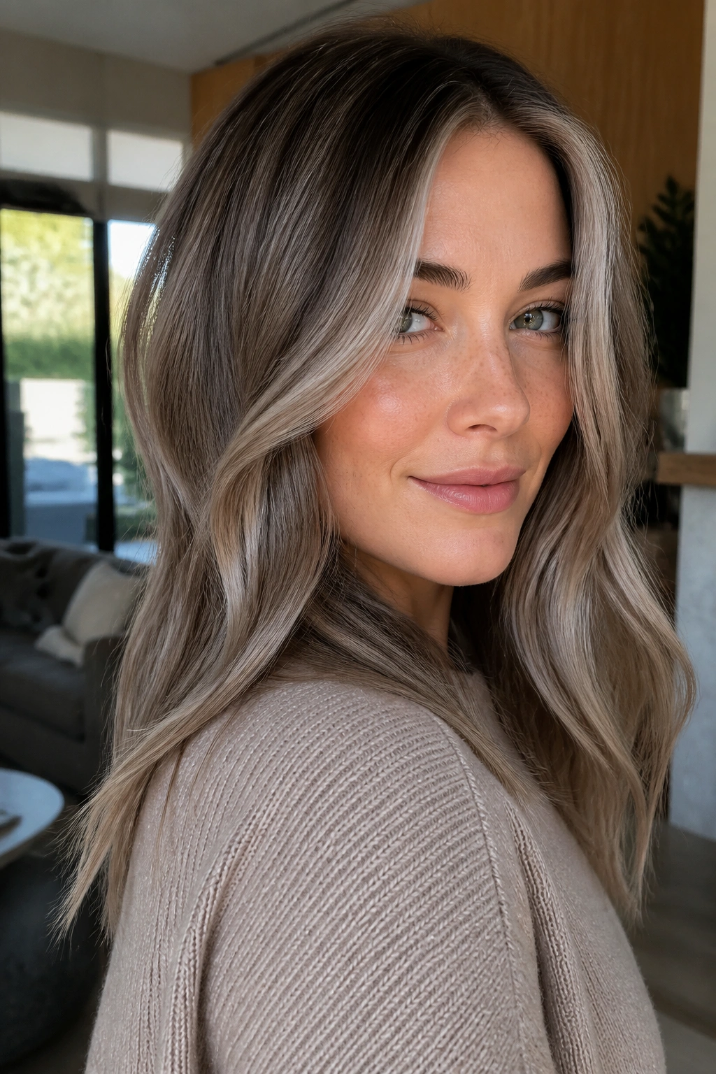 Close-up portrait showing mushroom beige blonde on ash-brown base