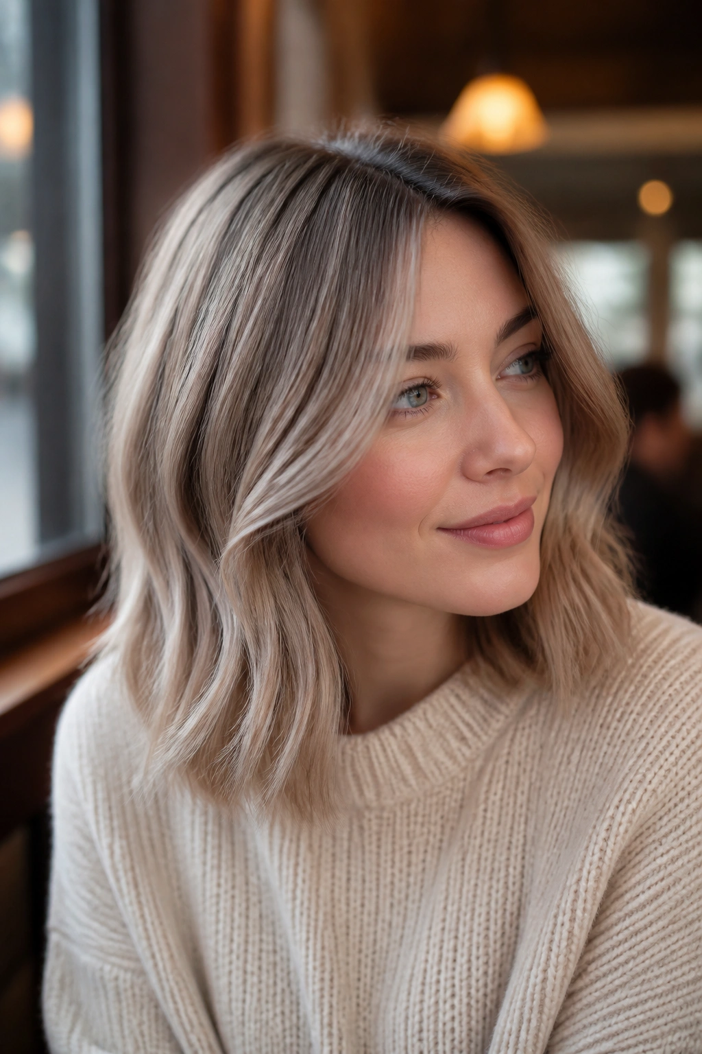 Close-up of a woman with mushroom beige blonde lob under warm indoor light